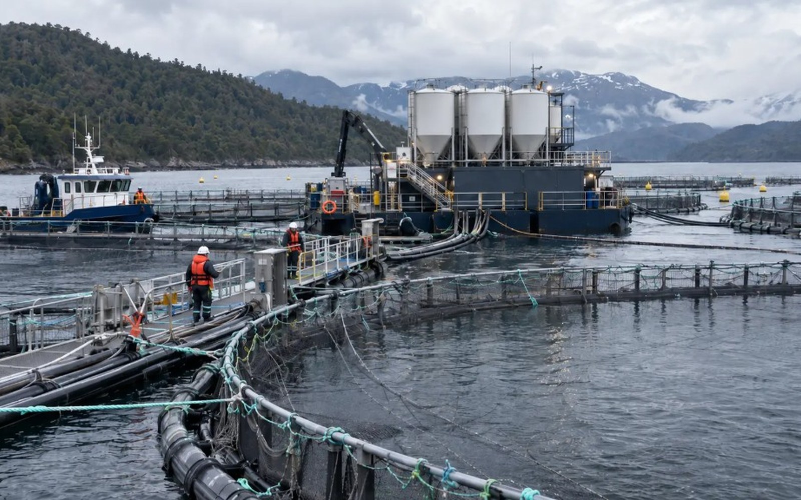 Granja salmonera industrial en fiordo – cultivo acuícola Chile